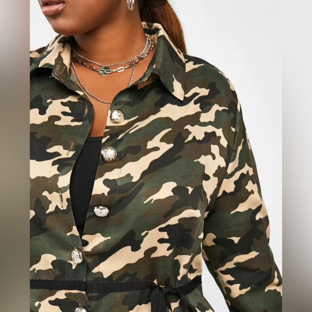 Plus Size Camo Print Button Front High Low Coat Outerwear - Picture 4 of 9